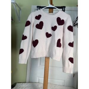Amy Byer Girls XL 16 Heart Print Crew Neck Sweater Cream Burgundy Long Sleeve